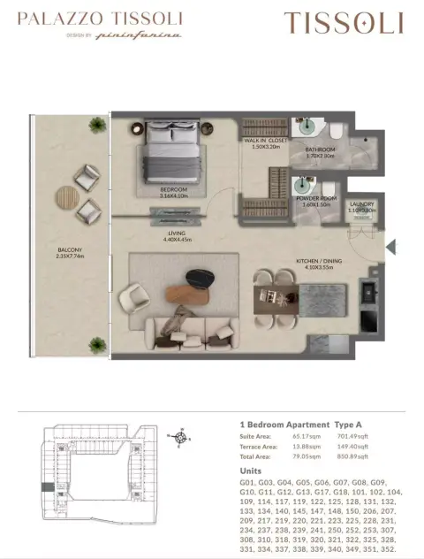 بالاتزو تيسولي: مخطط الطابق Type A, 850 sq ft