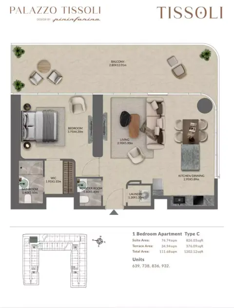 بالاتزو تيسولي: مخطط الطابق Type C, 1,202 sq ft