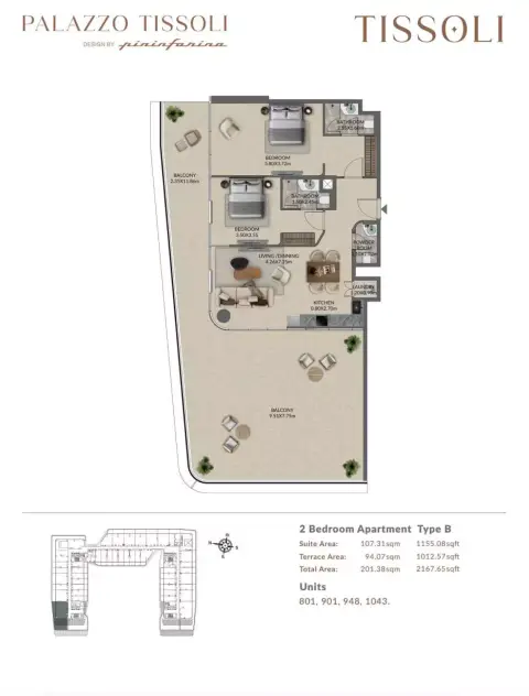 بالاتزو تيسولي: مخطط الطابق Type B, 2,167 sq ft