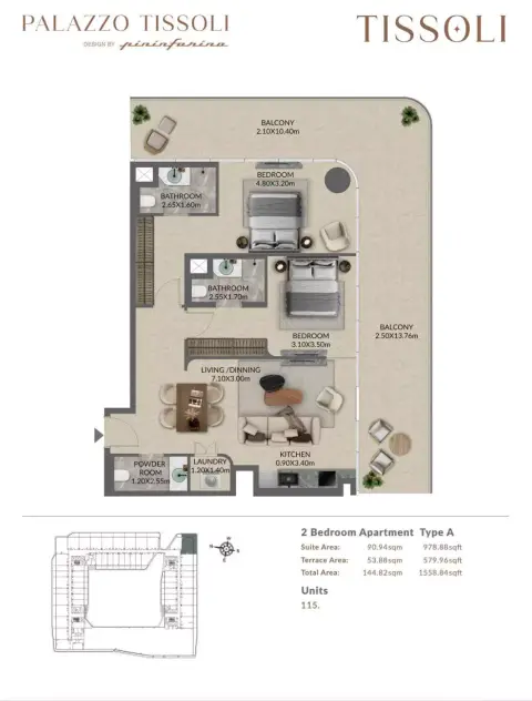 بالاتزو تيسولي: مخطط الطابق Type A, 1,558 sq ft
