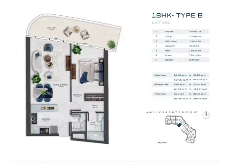 فاشن تي في أكاسيا: مخطط الطابق Type B, 657 sq ft