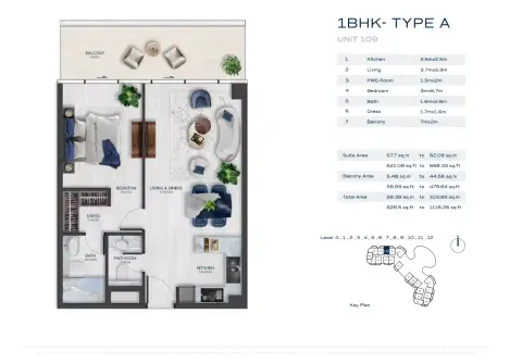 فاشن تي في أكاسيا: مخطط الطابق Type A, 628 sq ft