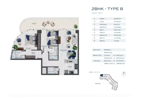 فاشن تي في أكاسيا: مخطط الطابق Type B, 1,066 sq ft