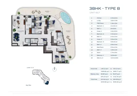فاشن تي في أكاسيا: مخطط الطابق Type B, 2,205 sq ft
