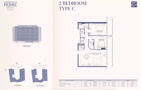 Gianfranco Ferré Residences: Plattegrond Type C, 1,336 sq ft