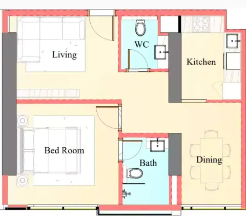Playa Viva: Floor plan Type E, 615 sq ft