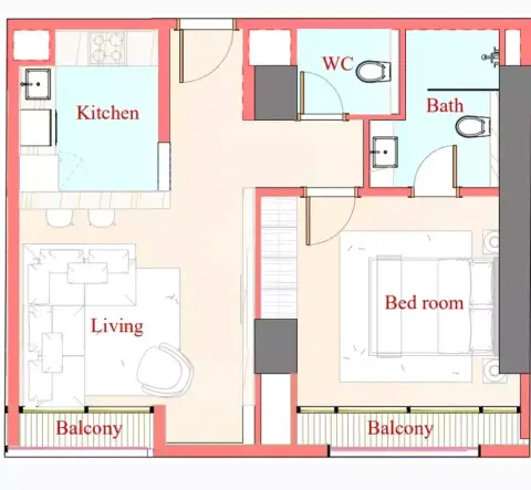 Playa Viva: Floor plan Type D, 607 sq ft