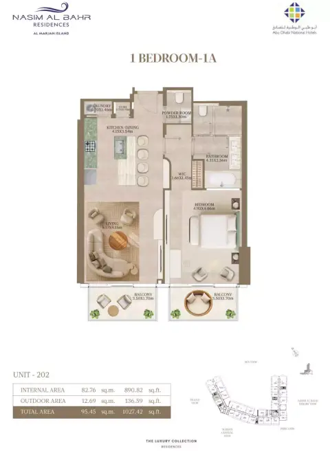 Nasim Al Bahr Residences: Floor plan Type 1А - 1 BR, 1,027 sq ft
