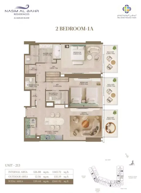 Nasim Al Bahr Residences: Floor plan Type 1А - 2 BR, 1,500 sq ft