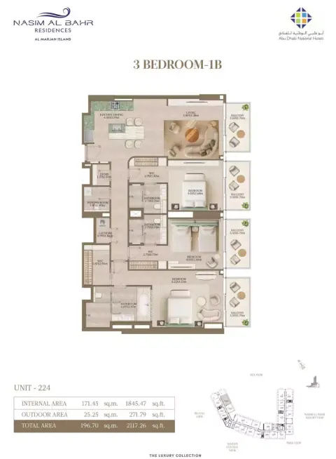 Nasim Al Bahr Residences: Floor plan Type 1B - 3 BR, 2,117 sq ft