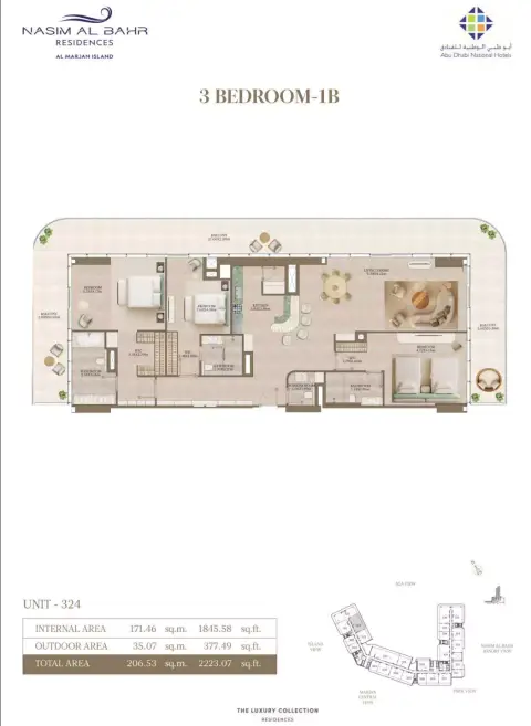 Nasim Al Bahr Residences: Floor plan Type 1B - 3 BR, 2,223 sq ft