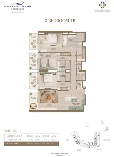 Nasim Al Bahr Residences: Floor plan Type 1B - 3 BR, 2,093 sq ft