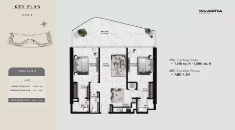 Karl Lagerfeld Beach Residences: Plattegrond Type 1, 1,316 sq ft