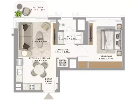 أدرس ريزيدنسز جزيرة المرجان: مخطط الطابق Building 1 _ Type 2A 1BDR, 659 sq ft