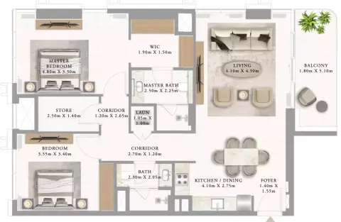 أدرس ريزيدنسز جزيرة المرجان: مخطط الطابق Building 1 _ Type 2A 2BDR, 1,160 sq ft