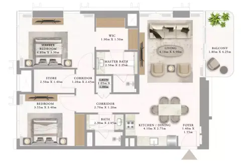 أدرس ريزيدنسز جزيرة المرجان: مخطط الطابق Building 1 _ Type 3 2BDR, 1,131 sq ft