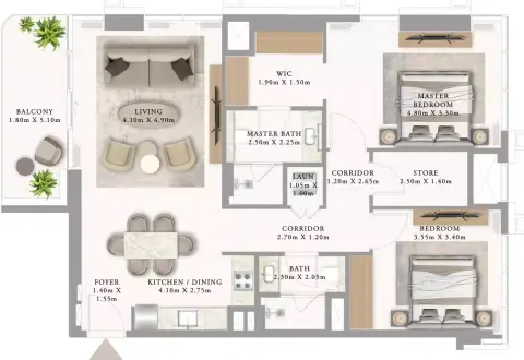 أدرس ريزيدنسز جزيرة المرجان: مخطط الطابق Building 1 _Type 2 2BDR, 1,157 sq ft
