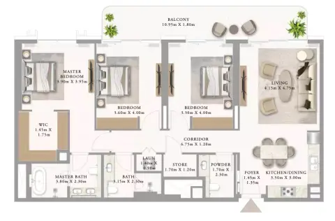 أدرس ريزيدنسز جزيرة المرجان: مخطط الطابق Building 1 _ Type 2 3BDR, 1,658 sq ft