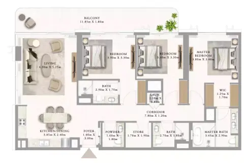 أدرس ريزيدنسز جزيرة المرجان: مخطط الطابق Building 1 _ Type 4A 3BDR, 1,728 sq ft