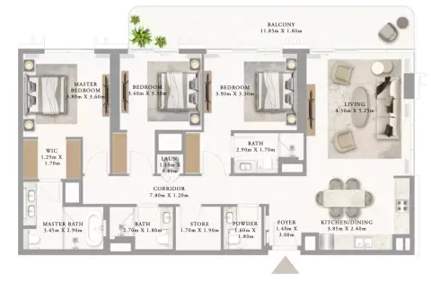 أدرس ريزيدنسز جزيرة المرجان: مخطط الطابق Building 1 _ Type 4 3BDR, 1,728 sq ft