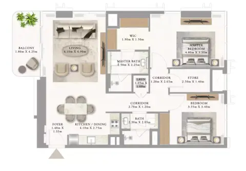 أدرس ريزيدنسز جزيرة المرجان: مخطط الطابق Building 2 _ Type 3 2BDR, 1,131 sq ft