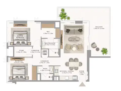 أدرس ريزيدنسز جزيرة المرجان: مخطط الطابق Building 2 _ Type 1 2BDR, 1,425 sq ft