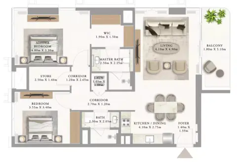 أدرس ريزيدنسز جزيرة المرجان: مخطط الطابق Building 2 _ Type 2 A 2BDR, 1,157 sq ft