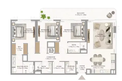 أدرس ريزيدنسز جزيرة المرجان: مخطط الطابق Building 2 _ Type 4A 3BDR, 1,728 sq ft