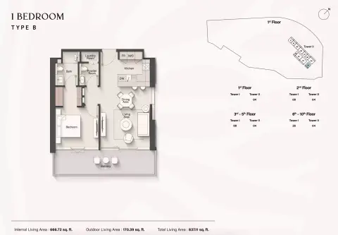 Soto Grande: Floor plan Type B, 837 sq ft