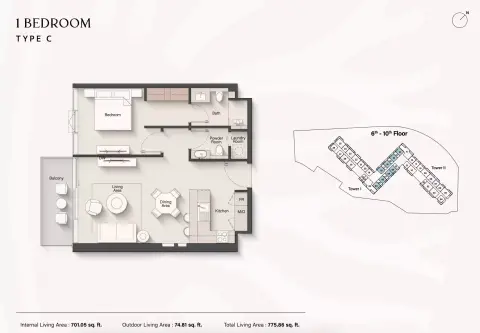 Soto Grande: Floor plan Type C, 775 sq ft