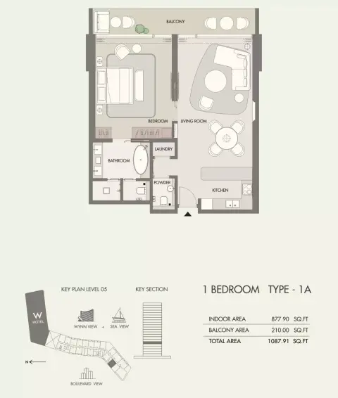 W Hotel & Residences: Plattegrond Type A, 1,087 sq ft