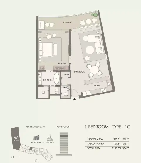 W Hotel & Residences: Plattegrond Type C, 1,162 sq ft
