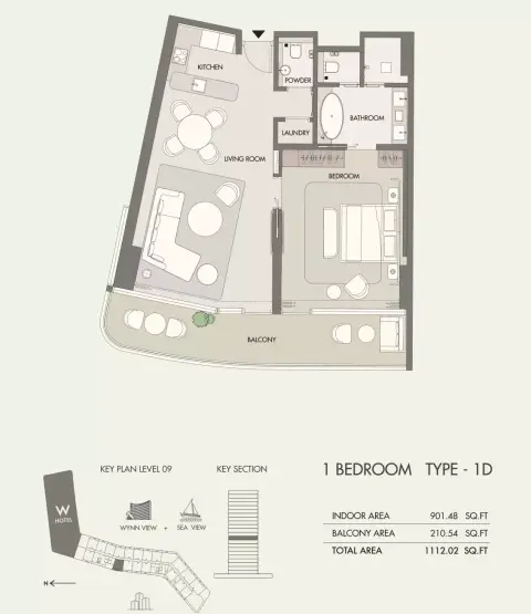W Hotel & Residences: Plattegrond Type D, 1,112 sq ft