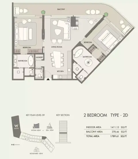 W Hotel & Residences: Plattegrond Type D, 1,789 sq ft