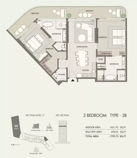 W Hotel & Residences: Plattegrond Type B, 1,779 sq ft