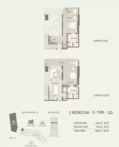 W Hotel & Residences: Plattegrond Type G, 1,865 sq ft