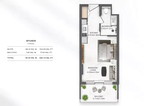 One Central: Floor plan Type A, 390 sq ft