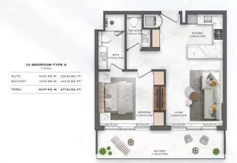 One Central: Floor plan Type A1, 677 sq ft