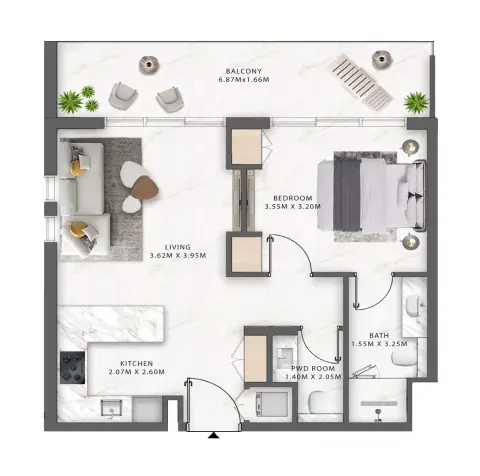 One Central: Floor plan Type D, 672 sq ft