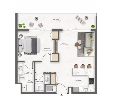One Central: Floor plan Type F, 675 sq ft