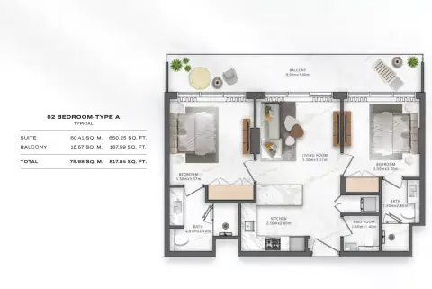 One Central: Floor plan Type A, 817 sq ft