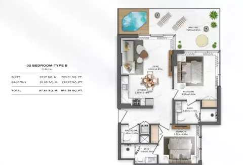 One Central: Floor plan Type B, 945 sq ft