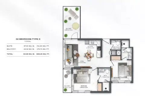 One Central: Floor plan Type C, 898 sq ft