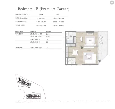 Skai: Floor plan Type B (Premium Corner), 814 sq ft