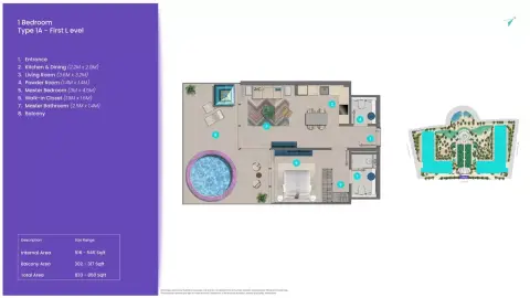 Trio Isle Queen B: Floor plan Type 1A, 833 sq ft