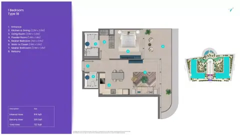 Trio Isle Queen B: Floor plan Type 1B, 722 sq ft