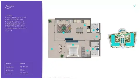 Trio Isle Queen B: Floor plan Type 1A, 682 sq ft