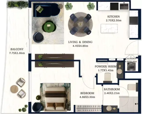 جاكوب و كو ريزيدنسز: مخطط الطابق Type 1, 753 sq ft