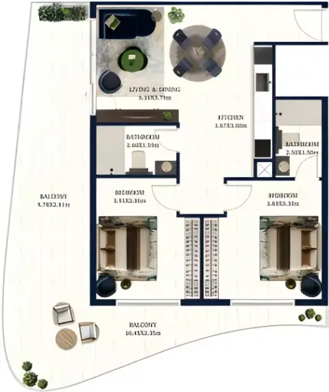 جاكوب و كو ريزيدنسز: مخطط الطابق Type 2, 1,184 sq ft