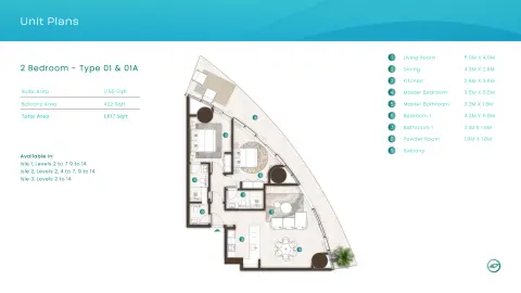 La Mer By Elie Saab: Plattegrond Type 01 & 01A, 1,617 sq ft